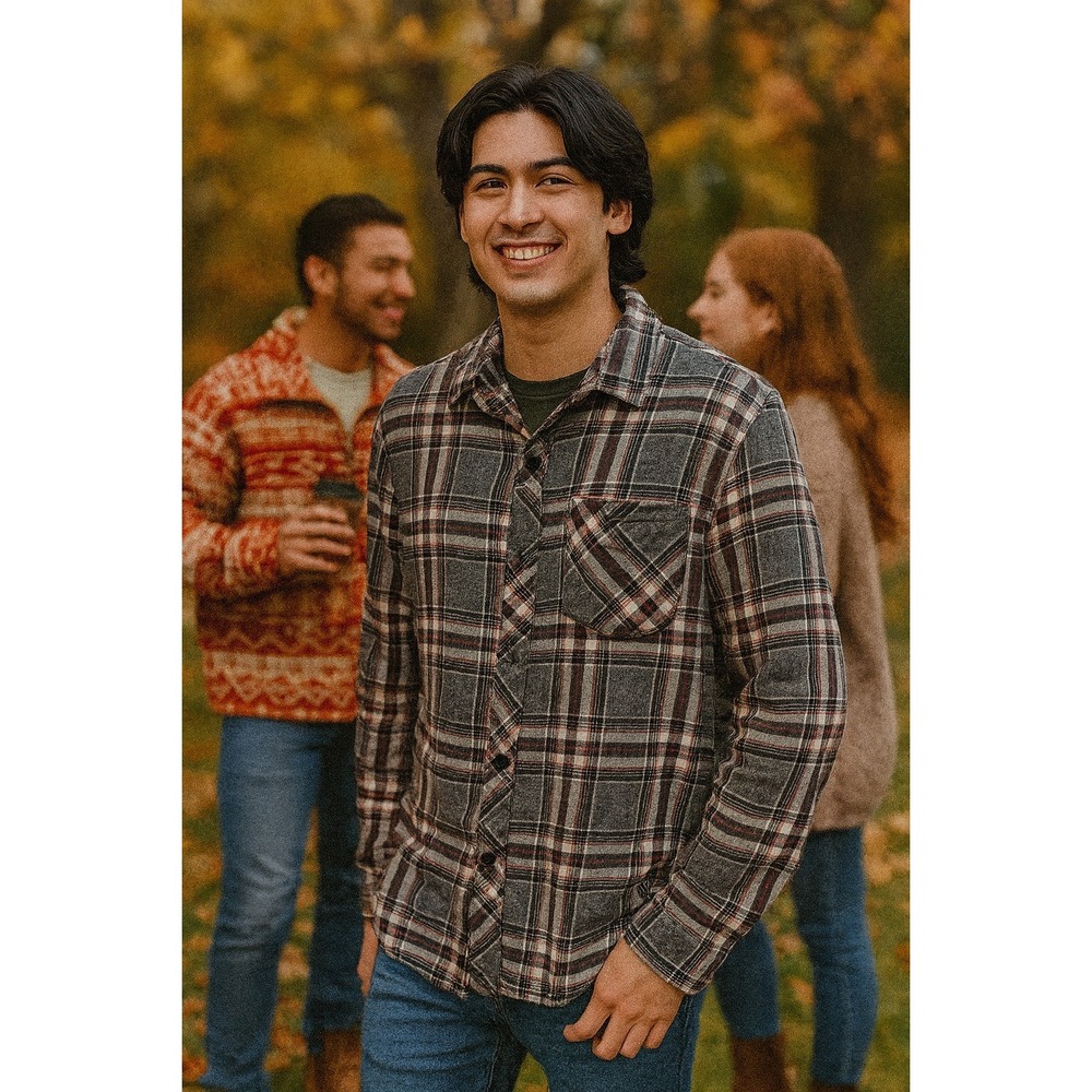 Vans Men's XXL Gray Burgundy Plaid Flannel‎ Button Up Shirt Farmcore Grunge Work